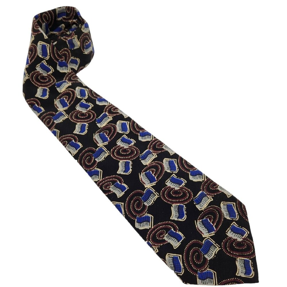 Envoy Mens Necktie Tie Black Blue Gold Geometric‎ Microfiber EUC
